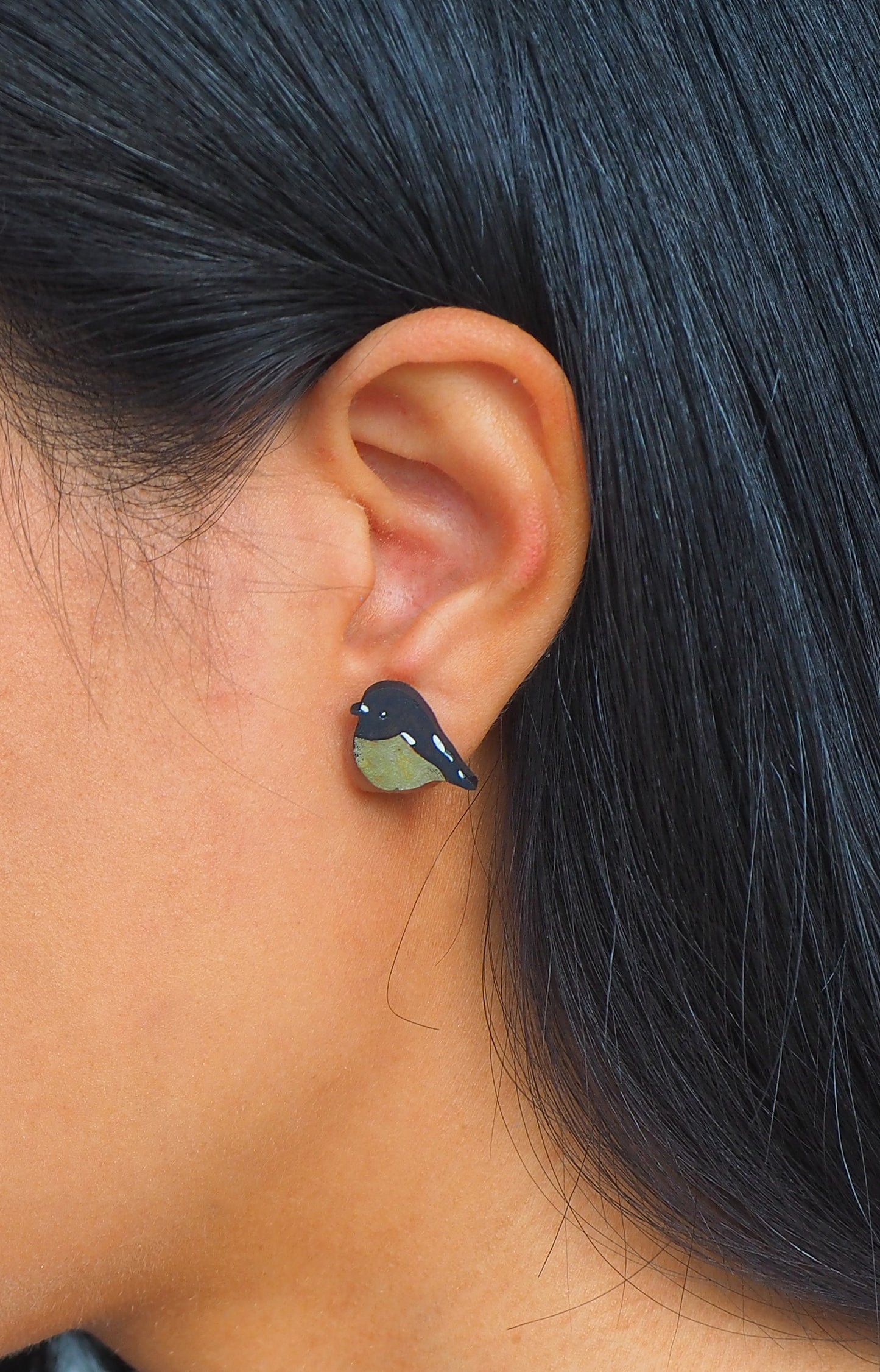 Tomtit (Miromiro) Wooden Rimu Stud Earrings