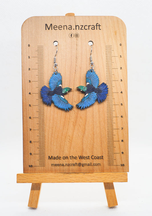 Flying Tui (Kōkō) Wooden Rimu Earrings