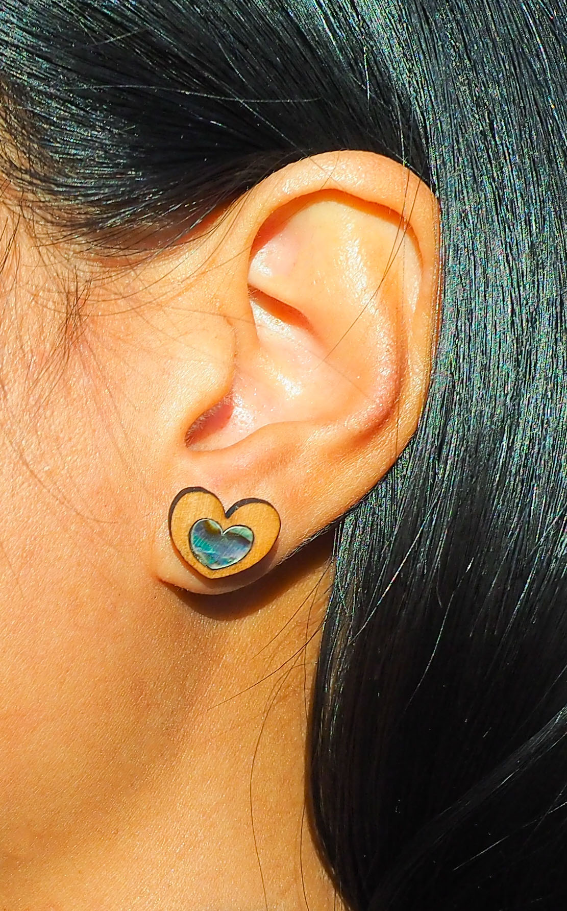 Love Heart Paua Shell Wooden Rimu Stud Earrings