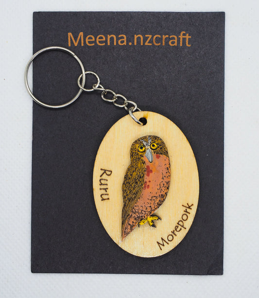 Morepork (Ruru) Wooden Rimu Keychain