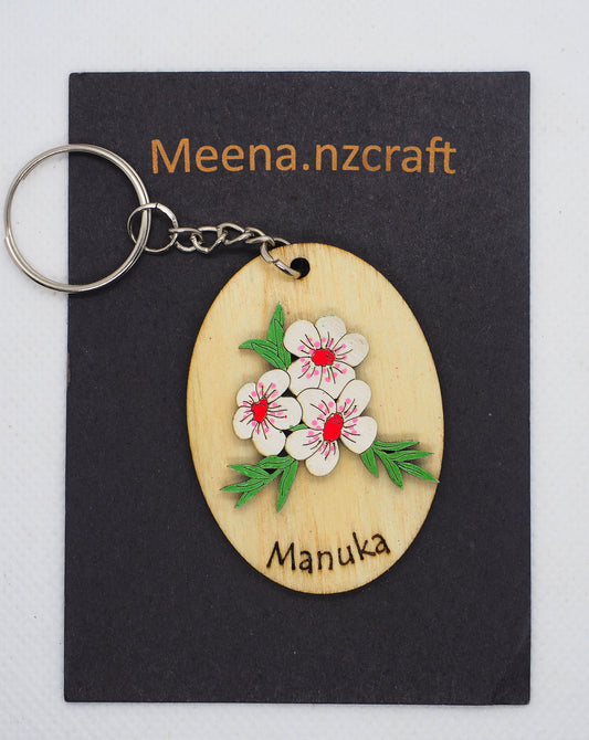 Manuka Flowers Wooden Rimu Keychain