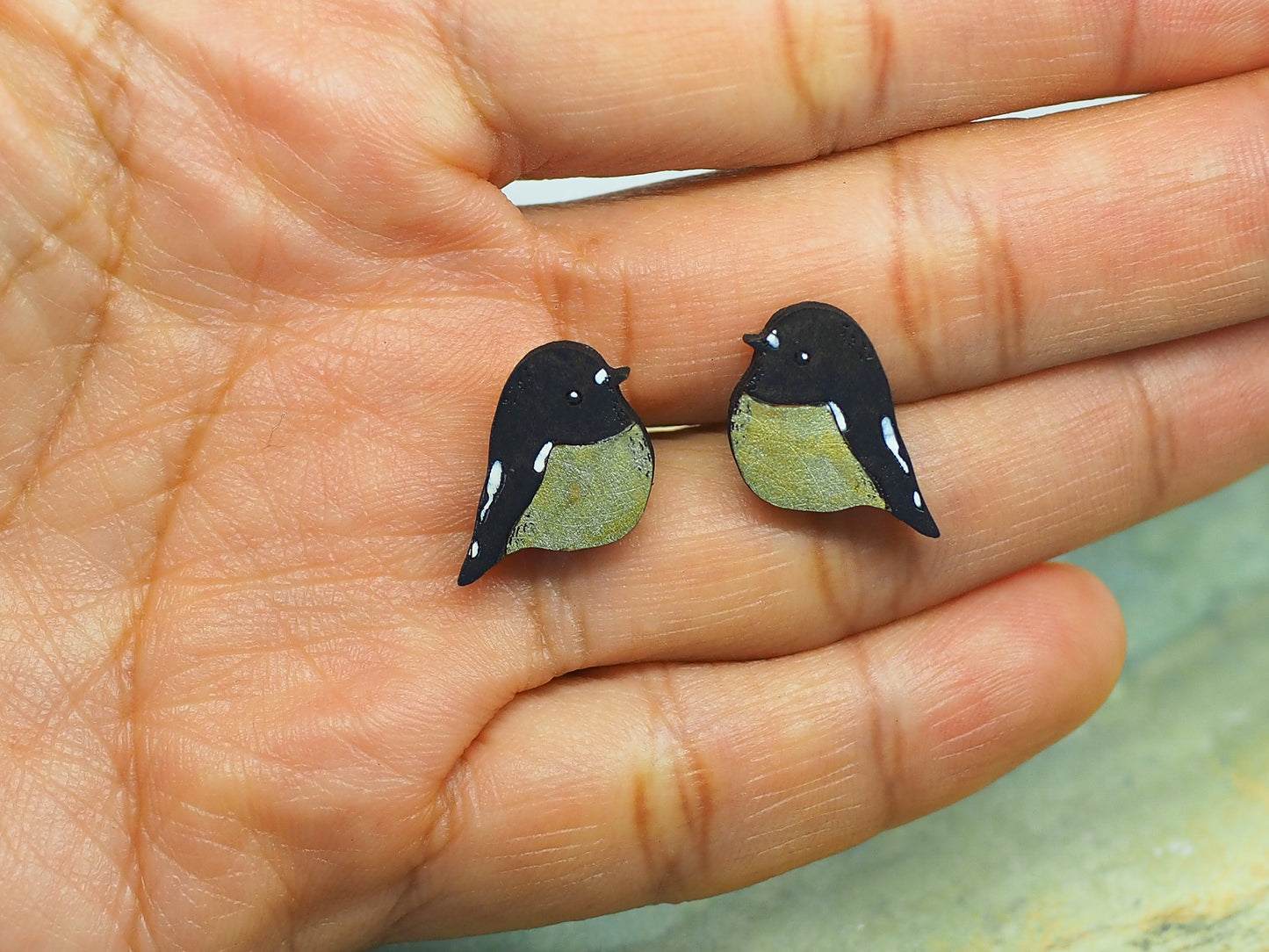 Tomtit (Miromiro) Wooden Rimu Stud Earrings