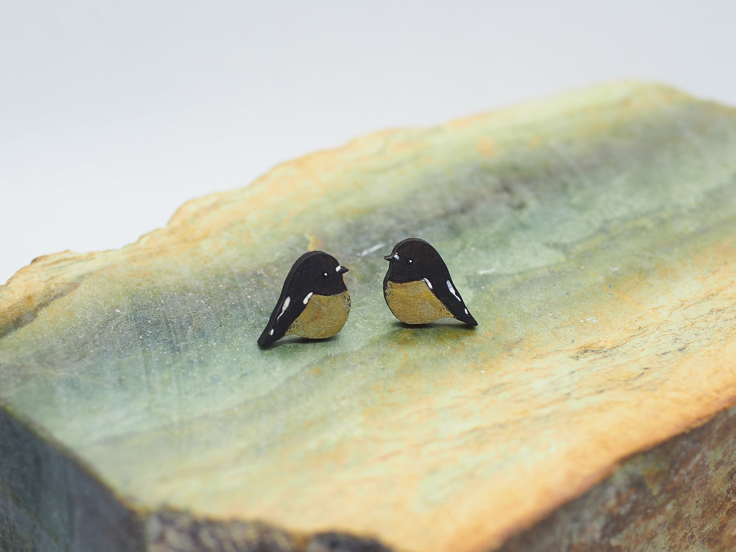 Tomtit (Miromiro) Wooden Rimu Stud Earrings