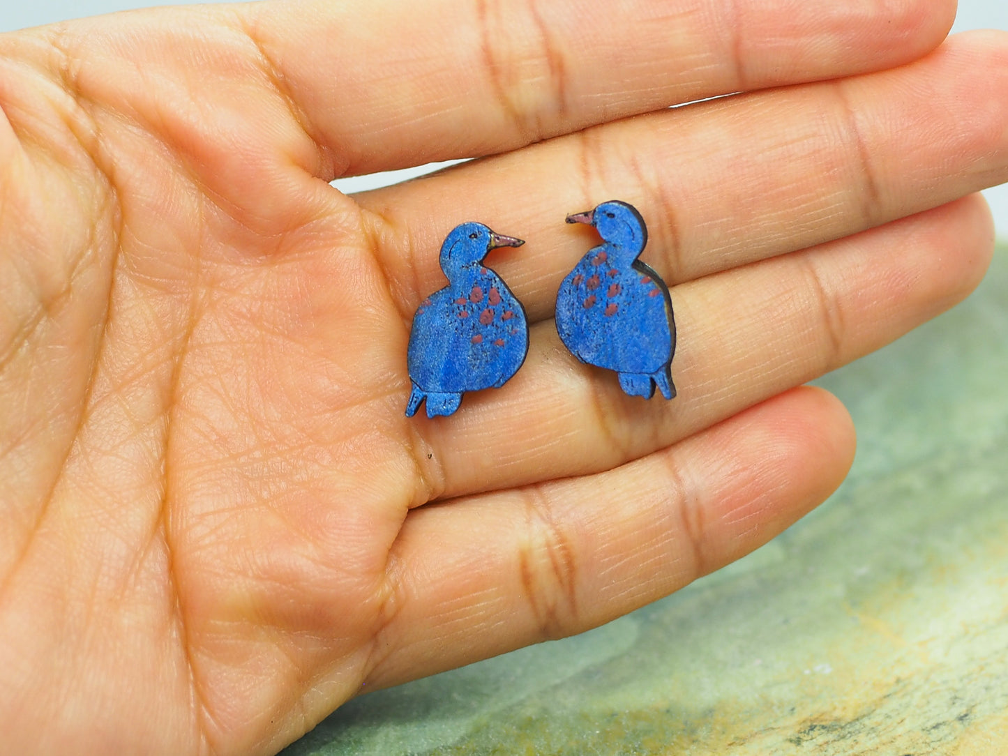Blue Duck (Whio) Wooden Rimu Stud Earrings