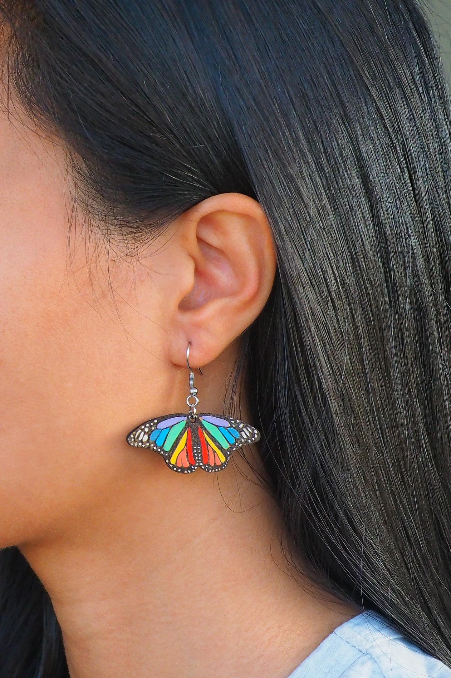 Rainbow Butterfly Wooden Rimu Earrings