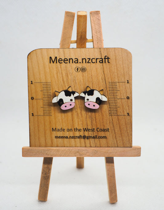 Moo Cow Wooden Rimu Stud Earrings