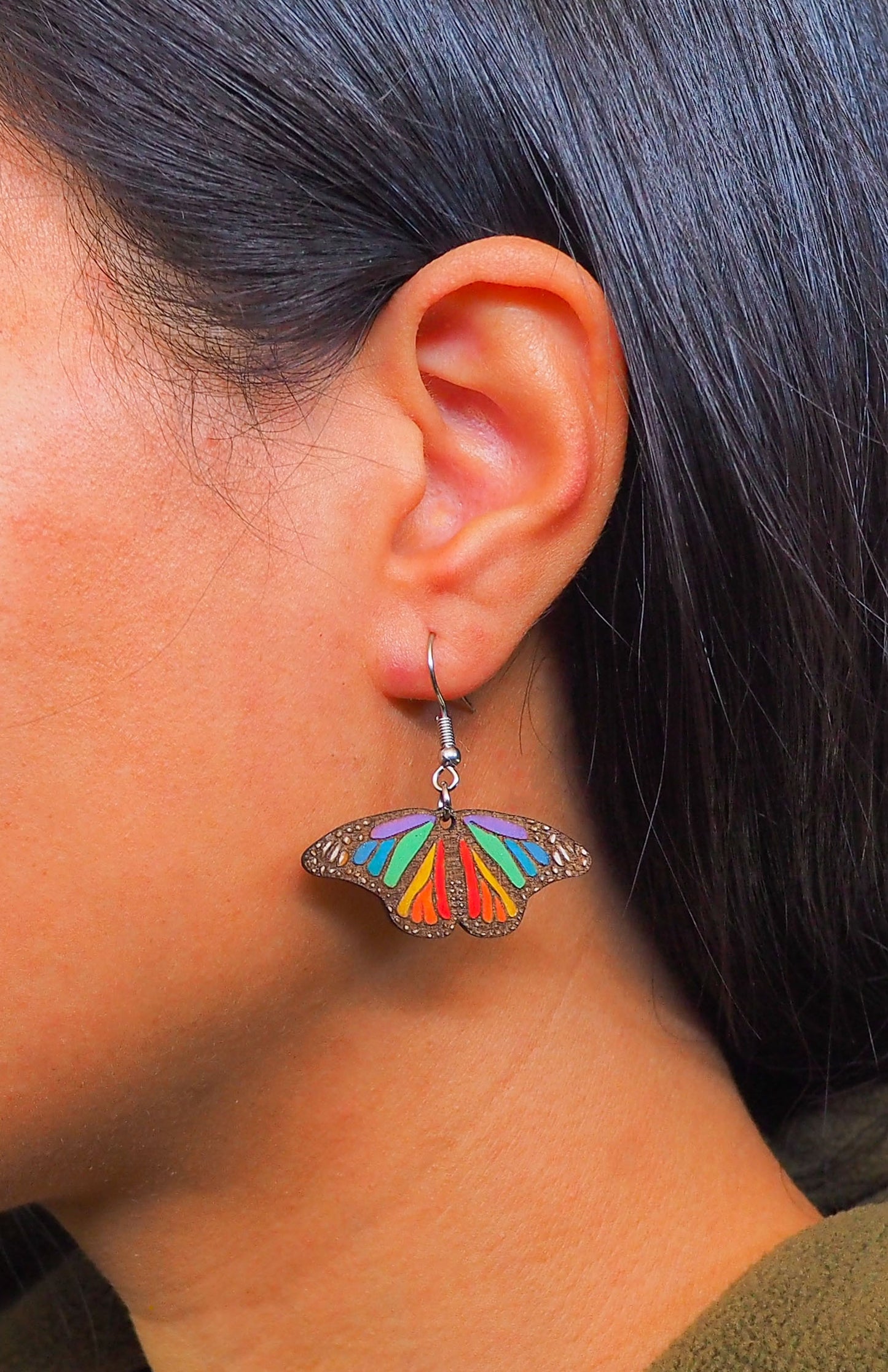 Rainbow Butterfly Wooden Rimu Earrings