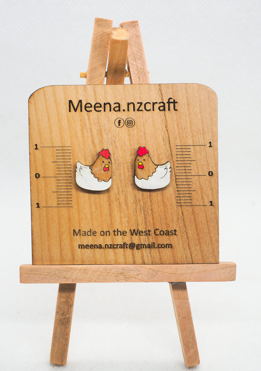 Chicken Wooden Rimu Stud Earrings